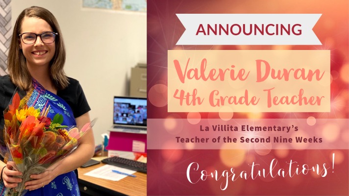 LaVillitaElem's tweet photo. Congratulations to Ms. Duran - Teacher of the 2nd Nine Weeks at La Villita! Ms. Duran teaches 4th grade math, science &amp; social studies. Her encouragement &amp; positive attitude make a difference in the lives of her students &amp; colleagues every day. #TogetherWeCan @CFBISD @MrsDuranLAV https://t.co/BbBfIWQygH
