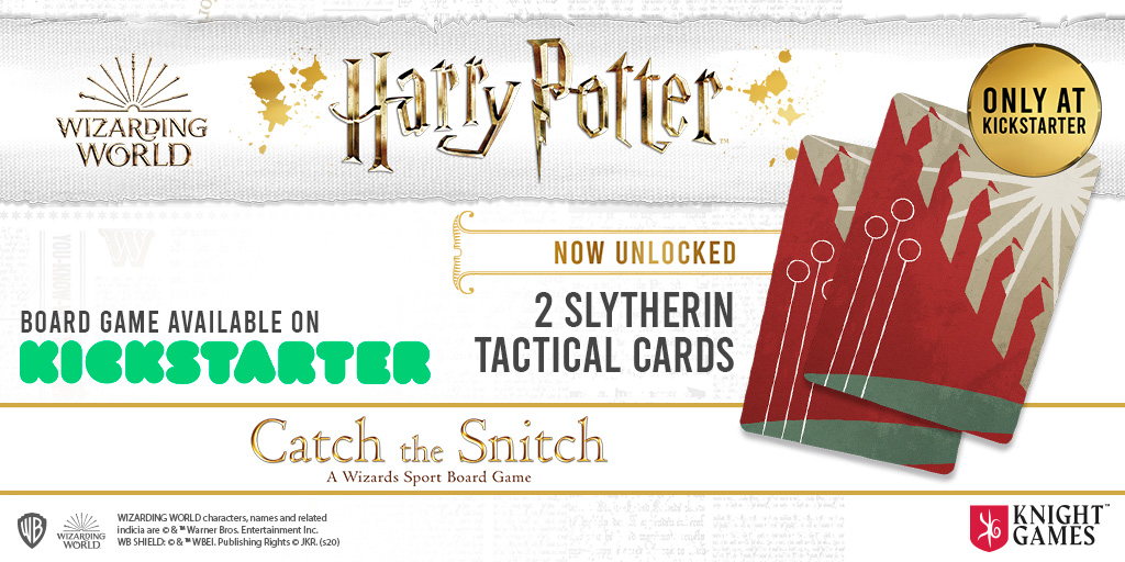 Now, with all pledges 2 additional #Slytherin tactical cards!
Improve your cunning plays by adding these new #cards to your deck, free with every pledge. UNLOCKED! 🔓

#harrypotter #catchthesnitch #quidditch #wizards #boardgames #knightgamespublishing #knightmodels  #unlocked