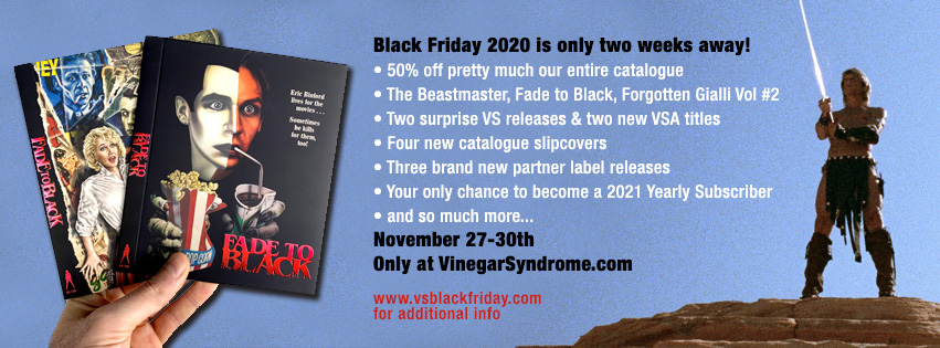 Only two weeks until Black Friday 2020 at VinegarSyndrome.com! Share and/or reply to this post for a chance to win rare slips and $25 gift certificates to our upcoming sale. We'll pick random winners on Monday. Read the whole announcement here: business.facebook.com/vinsyn/photos/…