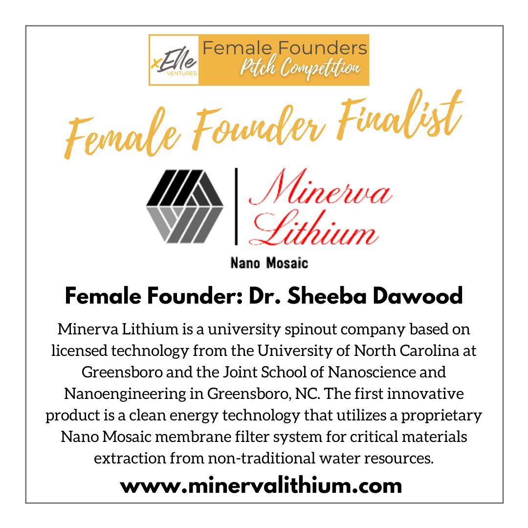 Today's #femalefounder introduction is Sheeba Dawood of Minerva Lithium. Read more about this entrepreneur below and plan to join us for our Female Founders Pitch competition on November 19th. Register HERE: bit.ly/xelleventures #xellepitch2020 #womenentrepreneurs