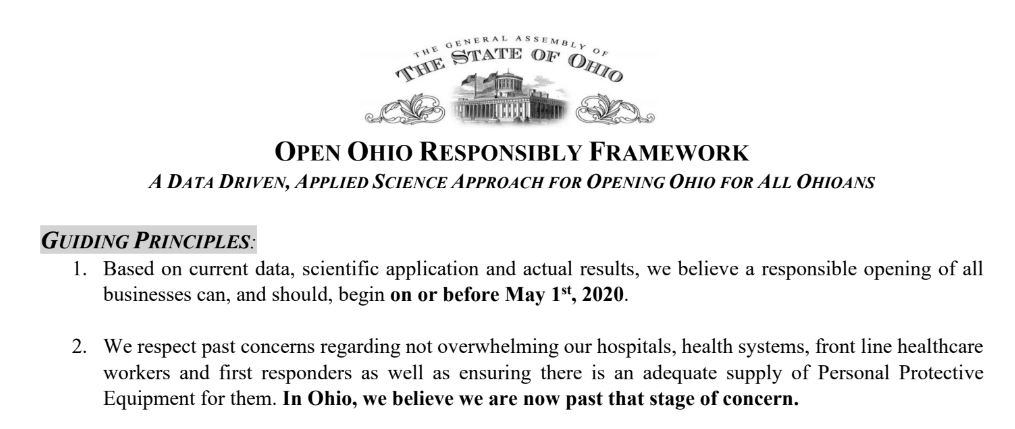 April 27: 35 Republican lawmakers sign the Open Ohio Responsibly Framework plan, which says about the concern of overwhelming hospitals/health systems: "In Ohio, we believe we are now past that stage of concern."Ohio currently is setting records for COVID-19 hospitalizations