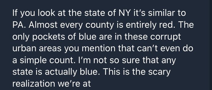The weird twist I’ve seen lately with the fraud claims is people claiming that there are no real blue states: Democratic “machine” cities and West coast states with mail-in ballots mean that all blue states are really just the product of fraud./4