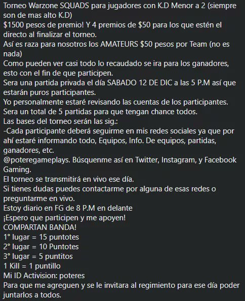 PotereGameplays's tweet photo. TORNEO #Warzone Squads! 
$1500 de premio a los ganadores
#CallOfDuty #ModernWarfare #FacebookGaming https://t.co/phBAENFmmw