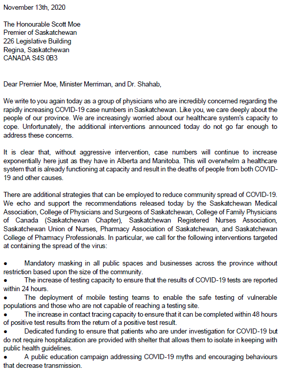 Brent_Thoma's tweet photo. In follow-up to our first letter, many asked what physicians think SK should do. We hoped that the announcement today would make this redundant... It didn't. Our new call has already been endorsed by 300 SK Physicians: https://t.co/ONZyS2tJBO #covidsk https://t.co/Ra7PTJEG8T