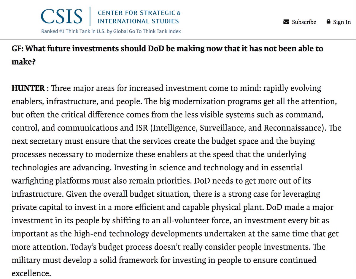 As an expert for #1 think tank funded by war profiteers, Hunter is kind of military industrial-complex sales representative.Here he is in 2016 talking about "future investments" the Pentagon needed to make, even as budget for US military was more than a half trillion dollars: