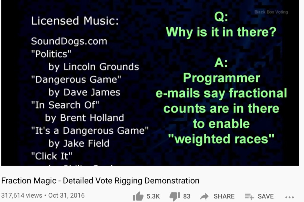 “Why would someone do Fraction Magic?”“Contract signing. Pay to play. Billions of $$ in local appropriations.”“Why is it in there?” “Programmer emails say fractional counts are in there to enable “weighted races”