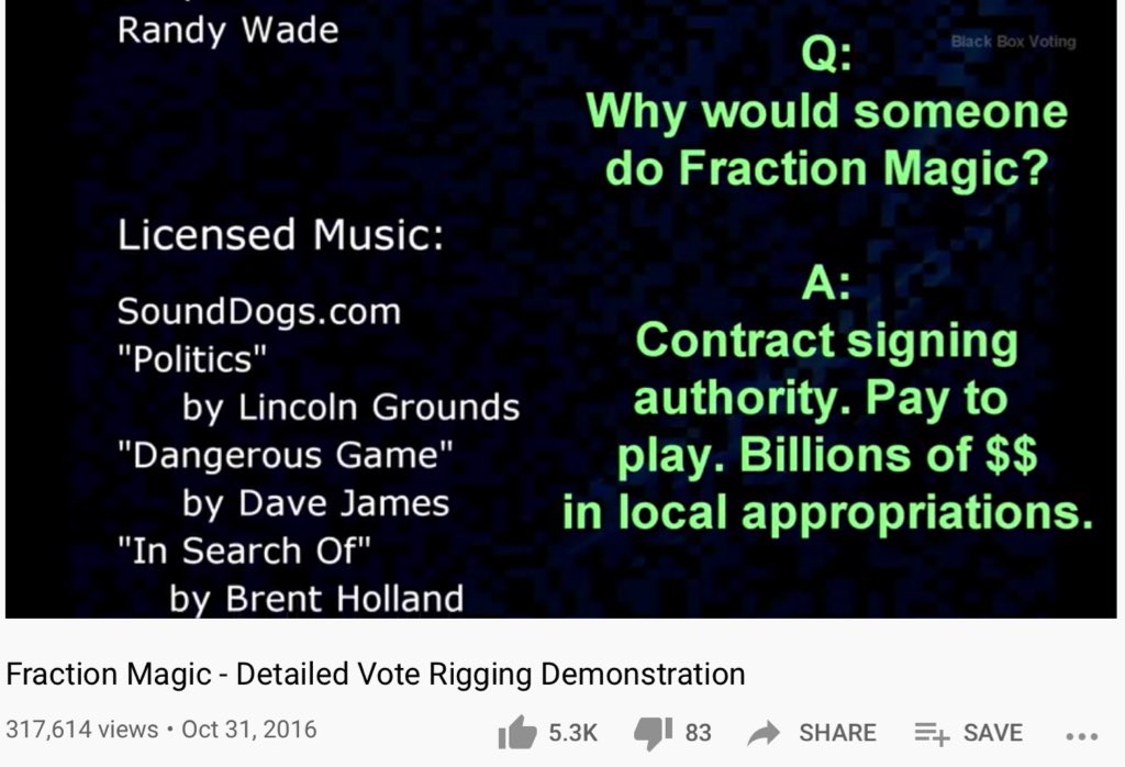 “Why would someone do Fraction Magic?”“Contract signing. Pay to play. Billions of $$ in local appropriations.”“Why is it in there?” “Programmer emails say fractional counts are in there to enable “weighted races”