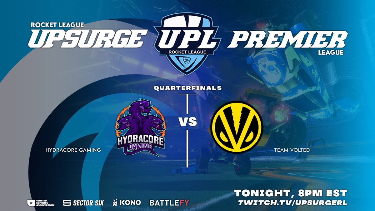 UnifiedPremier's tweet photo. What an exciting night ahead of us! Not only is it the Rocket League Quarterfinals, but also a Semifinals game later! 😱
@HydraCoreGaming takes on @TeamVolted in the Quarterfinals match
Make sure to tune in to both matches, starting at 8 PM EST at https://t.co/GidNnk0CeI 🥳 https://t.co/SsovpvyVDg