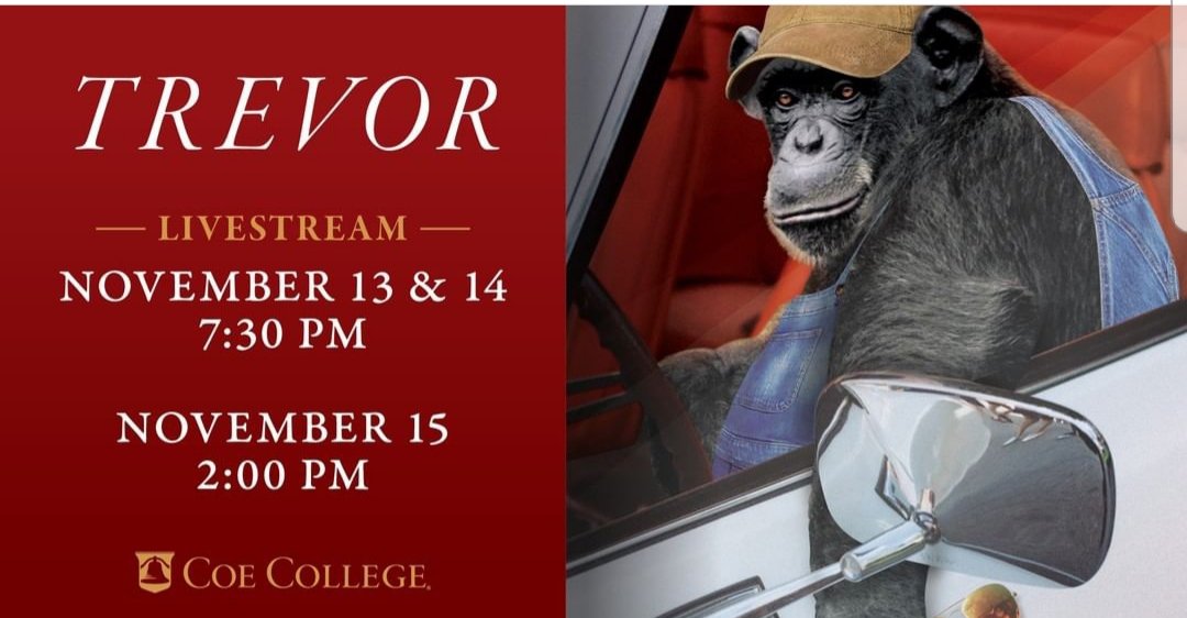 Bored this weekend? Check out TREVOR, a new play I'm featured in! Follow the link below to the streaming site, there's still a number of free coupon codes available, and after that it's $3 per stream!

coe.edu/why-coe/events…