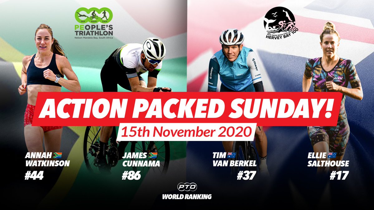 t100triathlon's tweet image. Action packed race weekend 🏊‍♀️🚴‍♂️🏃‍♀️

Top pros line up across the world for two PTO supported races this Sunday 🙌 Stay tuned for updates.

Hervey Bay 100 🇦🇺 / 🇿🇦 People's Triathlon 

#PTO #TriathletesUnite #Triathlon #weekendvibes #HB100 #PeoplesTriathlon