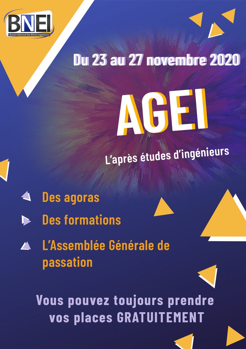 BNEIassos's tweet photo. [AGEI J-10 ]

Du 23 au 27 novembre 2020 se déroulera l'#AGEI organisée par le #BNEI

Vous pouvez toujours prendre vos places pour y participer, elles sont gratuites cette année.

Lien vers la billetterie : 👉  https://t.co/Eq8IhrlpgG

Toutes les infos sur notre page Facebook https://t.co/TehOQp04dP