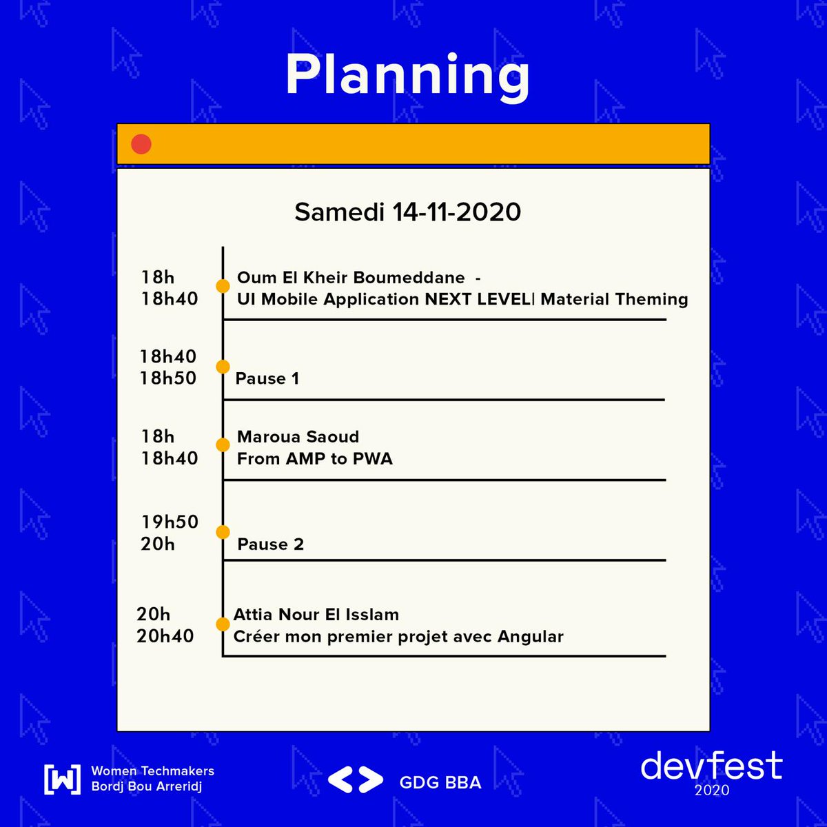 Here is the planning of tomorrow’s big event 🤩 DEVFEST’20 💪
Join us to learn new things and get new information ! ❤️ We will be waiting for you !
LINK TO JOIN : meet.google.com/vfk-eixg-nqe
#GDGBBA_Family
#GDG_BBA
#GDG #BBA #Devfest #Devfest20 #GoogleDevelopersGroup #Devfest2020