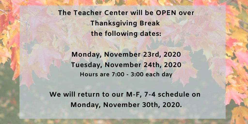 RCSTNTC's tweet photo. Schools may be closed but the Teacher Center will be OPEN Monday and Tuesday the week of Thanksgiving!  Teachers - as you prepare for the last few weeks of the semester, let us know if we can help out. @RobCoSchools #wearercstn https://t.co/W7RJ2jK04Y