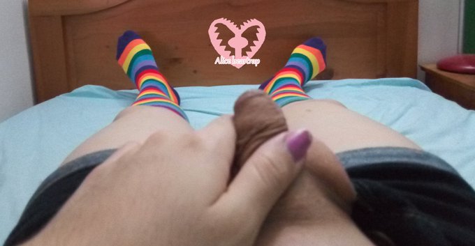 1 pic. hey, which one would you prefer, my clitty out or just a cute bulge? ;3 #Feet #kneesocks #bulgedick