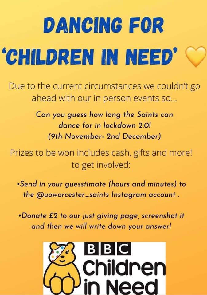 UoWdance's tweet photo. How long do you think the Saints can dance for during lockdown 2.0? Donate using the link below and send it your guesses! Cash and gift prizes💙 https://t.co/5h2nObGnyD #ChildrenInNeed #ChildrenInNeed2020 https://t.co/W4EtwXuobt