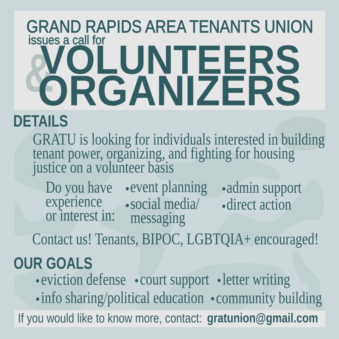 GRATUnion's tweet photo. GRAND RAPIDS! Were looking for collaborators, accomplices, tenants, volunteers, organizers. The eviction crisis has already begun. If it hasn't affected you, it has affected your neighbors. We can fight back. Will you? https://t.co/ZkI9iWQqOp
