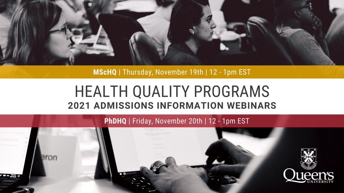 QueensuHQ's tweet photo. Thinking of applying to #HQPrograms? Started your application &amp; have questions about the process? Want to know how a degree in #HealthQuality can shape your career? We're is hosting 2 webinars NEXT WEEK, w/ a Q&amp;A period after each presentation. Register: https://t.co/6j2Ms7Ra6M https://t.co/yFrbggSUKn