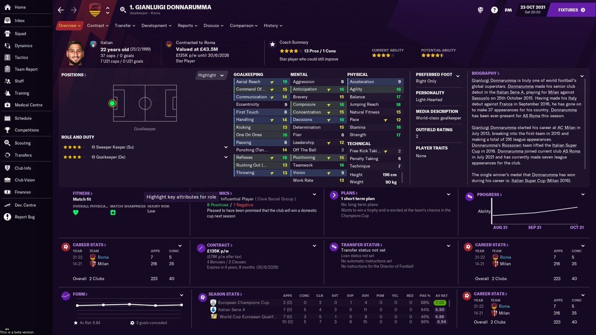 AS Roma Beta SaveSeason 2Transfers inTammy Abraham 84m (installments)Dodo 25mNikola Milenkovic 8.5mPêpê 7.5mGianluigi Donnarumma FREE #fm21