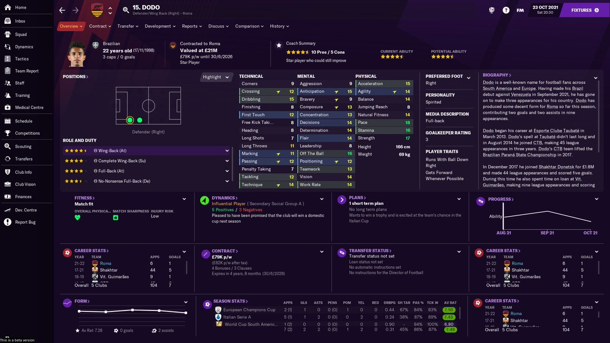 AS Roma Beta SaveSeason 2Transfers inTammy Abraham 84m (installments)Dodo 25mNikola Milenkovic 8.5mPêpê 7.5mGianluigi Donnarumma FREE #fm21