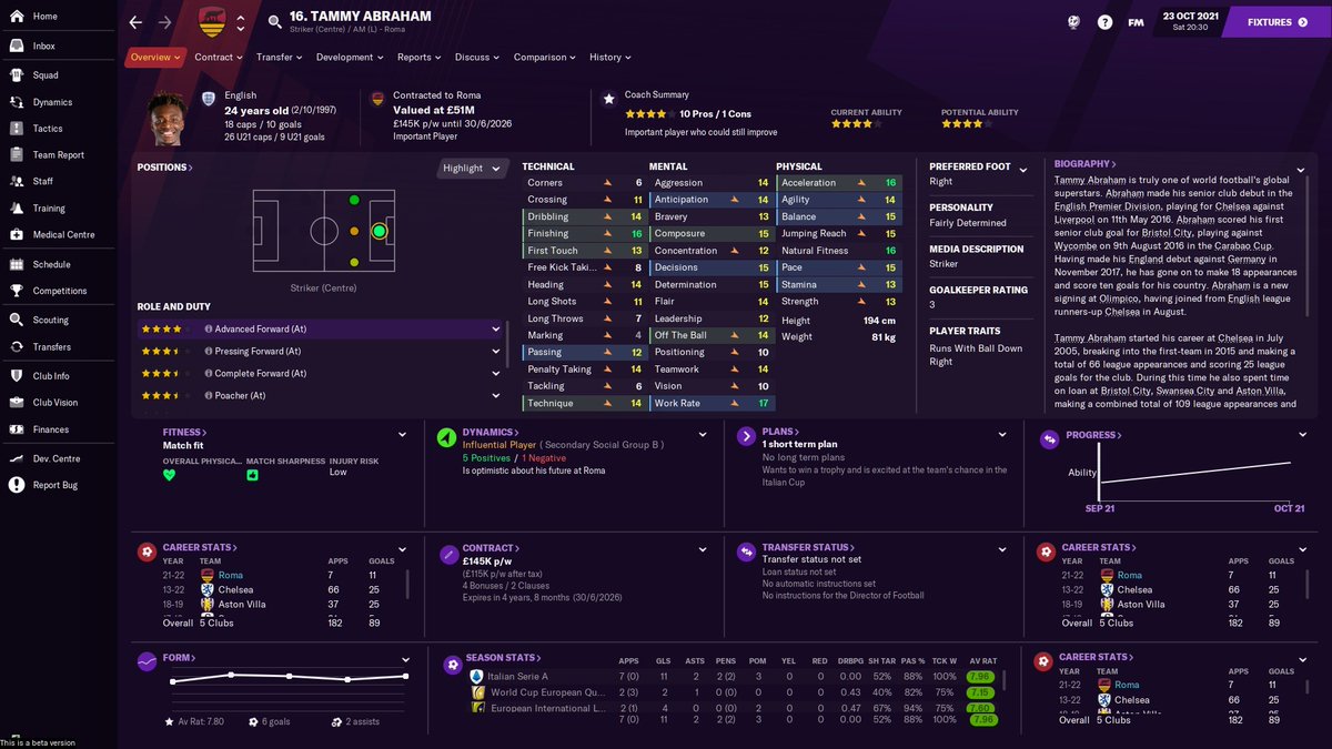 AS Roma Beta SaveSeason 2Transfers inTammy Abraham 84m (installments)Dodo 25mNikola Milenkovic 8.5mPêpê 7.5mGianluigi Donnarumma FREE #fm21