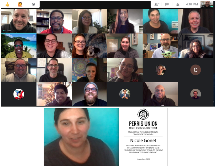 MathButler's tweet photo. Earlier this week, @puhsd celebrated @nicole_gonet as Nov 2020 Ed Tech Council Teacher of the Month. If you don't know Nicole, check her out.  She teaches ASL @HeritageHSPats and continually grows herself and her students to be better.  #scholarplus #weareheritage https://t.co/pZBjakwjsF