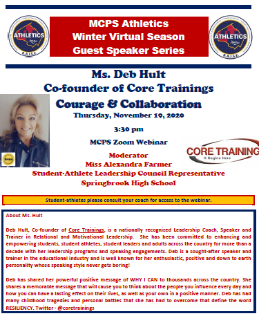 Courage and Collaboration is <a href="/coretrainings/">Deb Hult</a> next topic for <a href="/MCPSAthletics/">MCPS Athletics</a> on Thursday, 11/19/20. Join Miss Alexandra Farmer, <a href="/BrookSports/">SpringbrookAthletics</a> Student-Athlete Leadership Council rep, to elevate yourself. #WeRAISE <a href="/mcpsAD/">Jeff Sullivan</a>