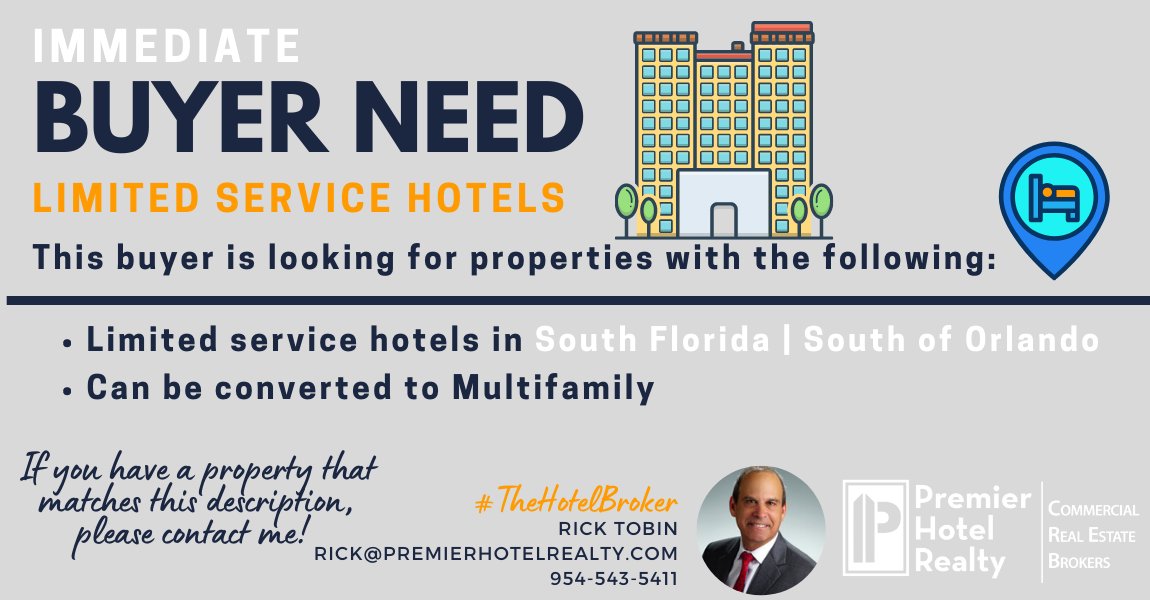 CREPropertyWire's tweet image. Seeking Limited Service Hotels that can be converted to multifamily in South Florida or South of Orlando. 

Contact: RICK TOBIN
RICK@PREMIERHOTELREALTY.COM
954-543-5411

#CREPropertyWire #CREForSale