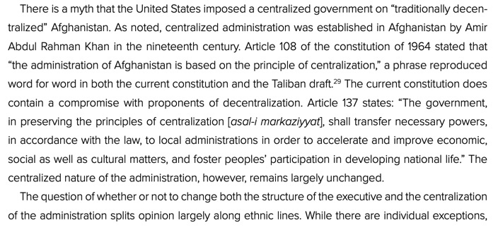 2. Two passages particularly stood out to me. One challenges the myth that central government is unknown to Afghanistan.