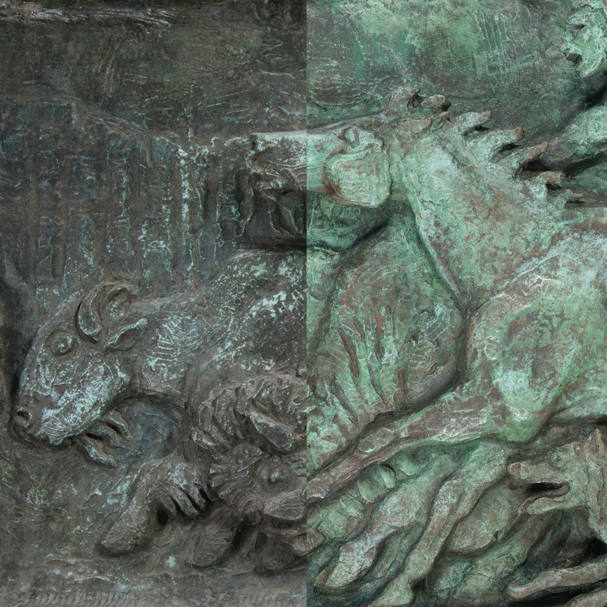 brooklynmuseum's tweet photo. In preparation for its display in Jeffrey Gibson: When Fire Is Applied to a Stone It Cracks, #BKMConservation needed to clean the bronze relief of Charles Rumsey’s Study for Buffalo Hunt which had been previously displayed for years outdoors. https://t.co/L5h3Zk5HOV https://t.co/8jS7RPb9iT