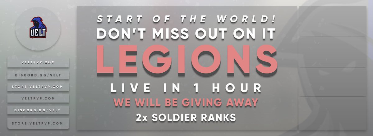 VeltPvP's tweet image. VeltPvP Legions ⚡️

• Velt Legions is opening in ~1 Hour!

Make sure you join our chat for announcements:
📃 telegram.me/VeltUpdates

We're giving away the following:

🎁 2x Soldier Ranks!

❤️, 🔄 and follow us to enter!