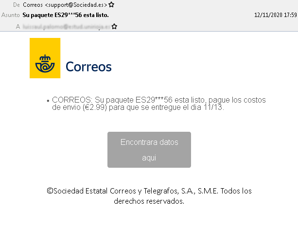 mossos's tweet photo. ⚠️ Torna la suplantació de @Correos, no tens cap paquet ni has de pagar res, volen les teves dades. Si reps aquest correu, esborra'l directament #StopPhishing @osiseguridad https://t.co/rJdZ04zdc1