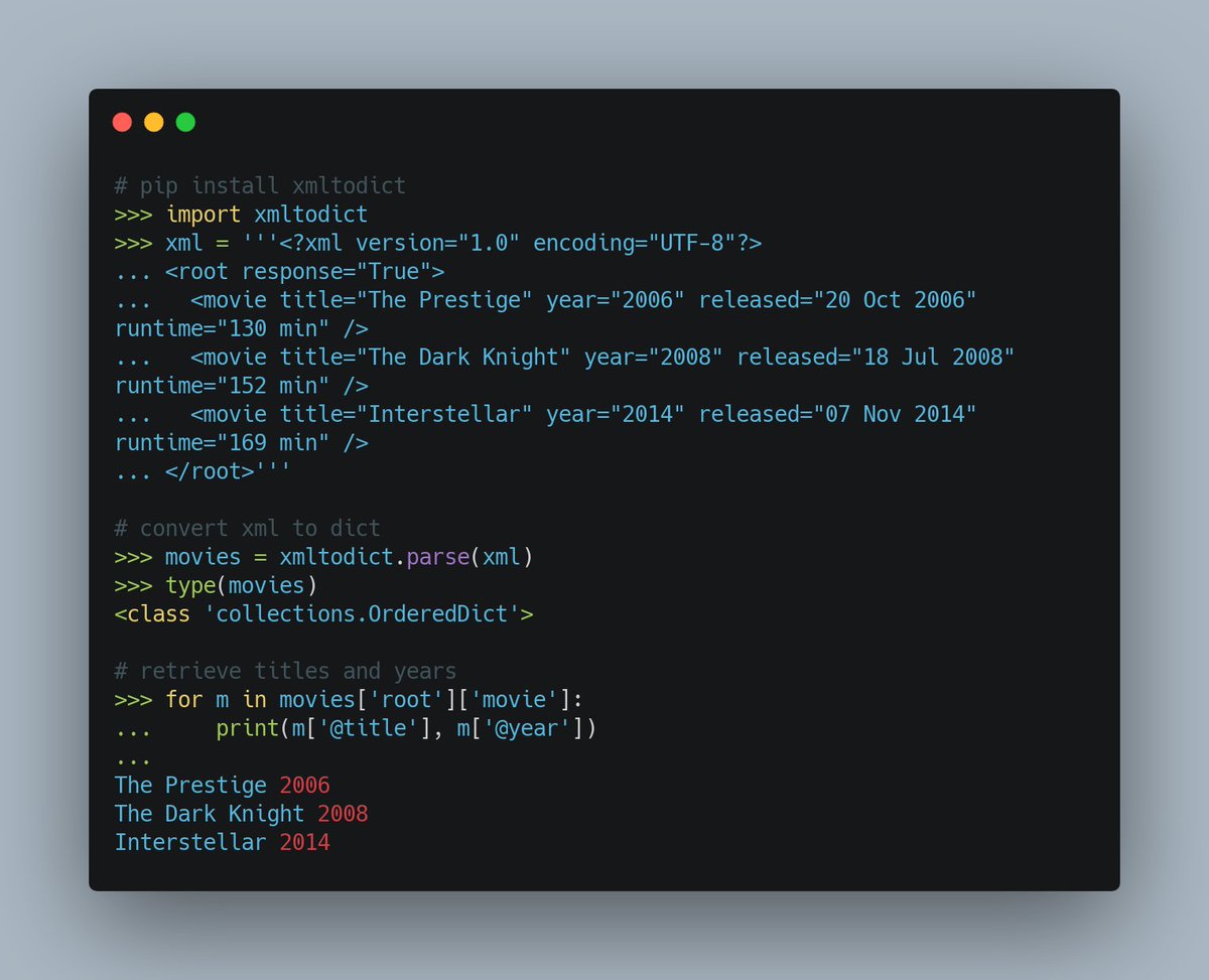 pybites's tweet photo. Are you tired of parsing XML in #Python? What if you can turn it into a dict? https://t.co/0Gqbbsl5wf