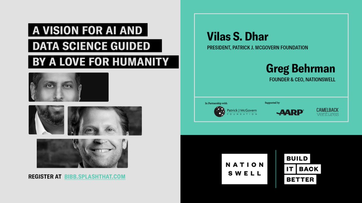 On 12/3 at 1 PM EST, join us for a fireside discussion on a vision for AI and data science guided by a love for humanity with #BuildItBackBetter partner @PJMFnd president <a href="/vilasdhar/">Vilas Dhar</a> and <a href="/NationSwell/">NationSwell</a> CEO + Founder <a href="/GregBehrman1/">Greg Behrman</a> avisionforailive.splashthat.com