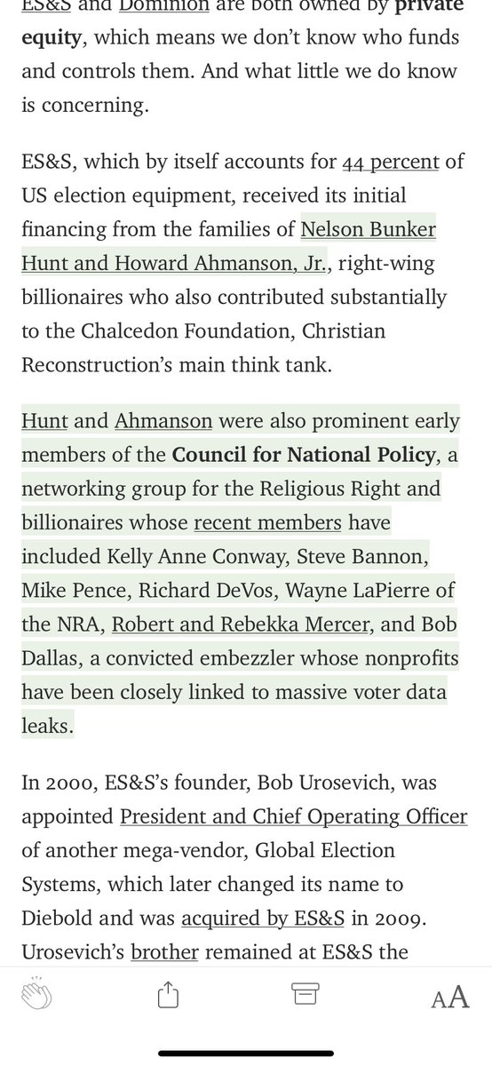 ES&S was founded with money from the families of two Religious Right activists who belonged to a secretive networking group called the Council for National Policy, as I explain here. Recent CNP members include Kellyanne Conway, Steve Bannon, etc. 9/  https://link.medium.com/TdISV708nbb&nbsp;