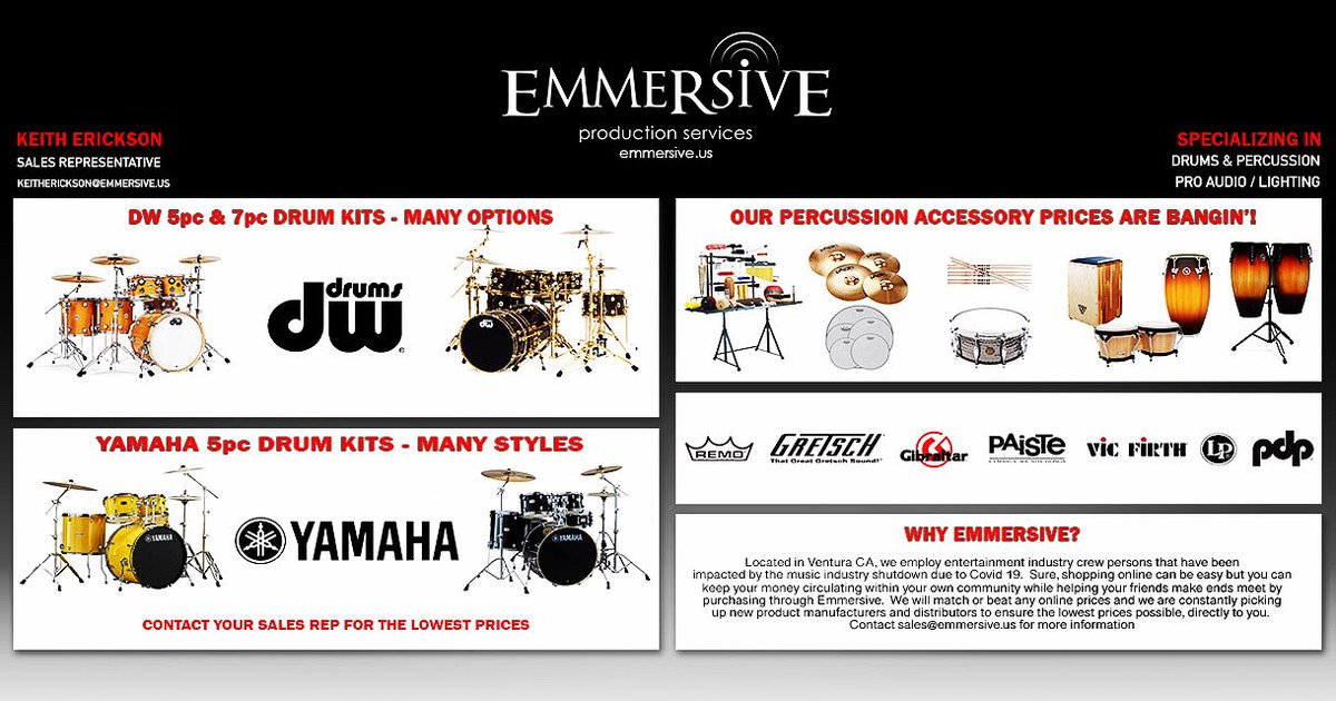 kericksonmusic's tweet photo. The holidays are upon us and I have the top names in drums and percussion products on sale now! Sure, shopping online can be easy but you can keep money circulating within your own community while helping friends make ends meet by purchasing through myself and Emmersive. https://t.co/4N0TBNkOlO