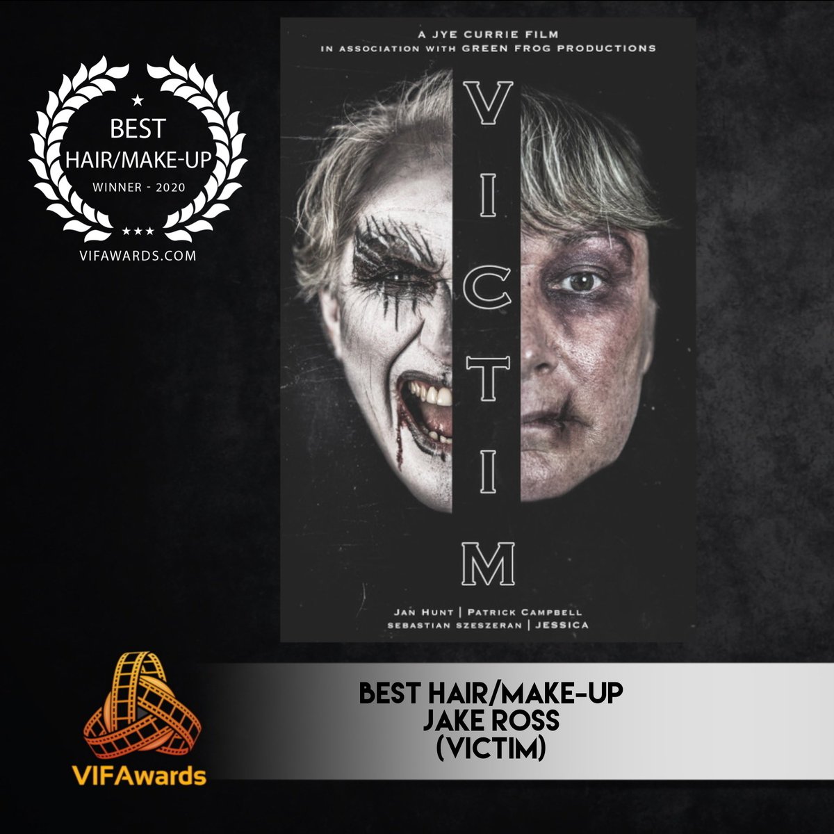 Congratulations to ‘Victim’ &amp; #JakeRoss for winning Best Hair/Make-Up in the Fall 2020 Season of the Vancouver International Film Awards! Written, Directed &amp; Produced by <a href="/jyecurrie/">Jye Currie</a> Congratulations! 🎉🍾🥂 Stay tuned for more winners... #VIFA #Victim