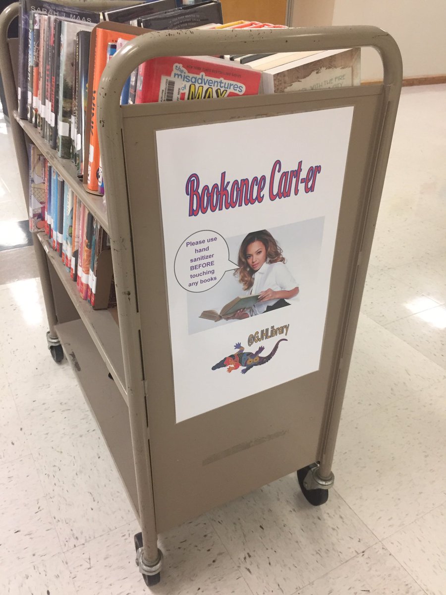 GJHLibrary's tweet photo. Come visit me upstairs in the 7th grade ELA pod! I’ve got my girls, Bookonce Cart-er and Eleanor ReadsaCart with me...filled with lots of great print #books #aisdlibsrv #librarylife #read https://t.co/igFrtdhylK