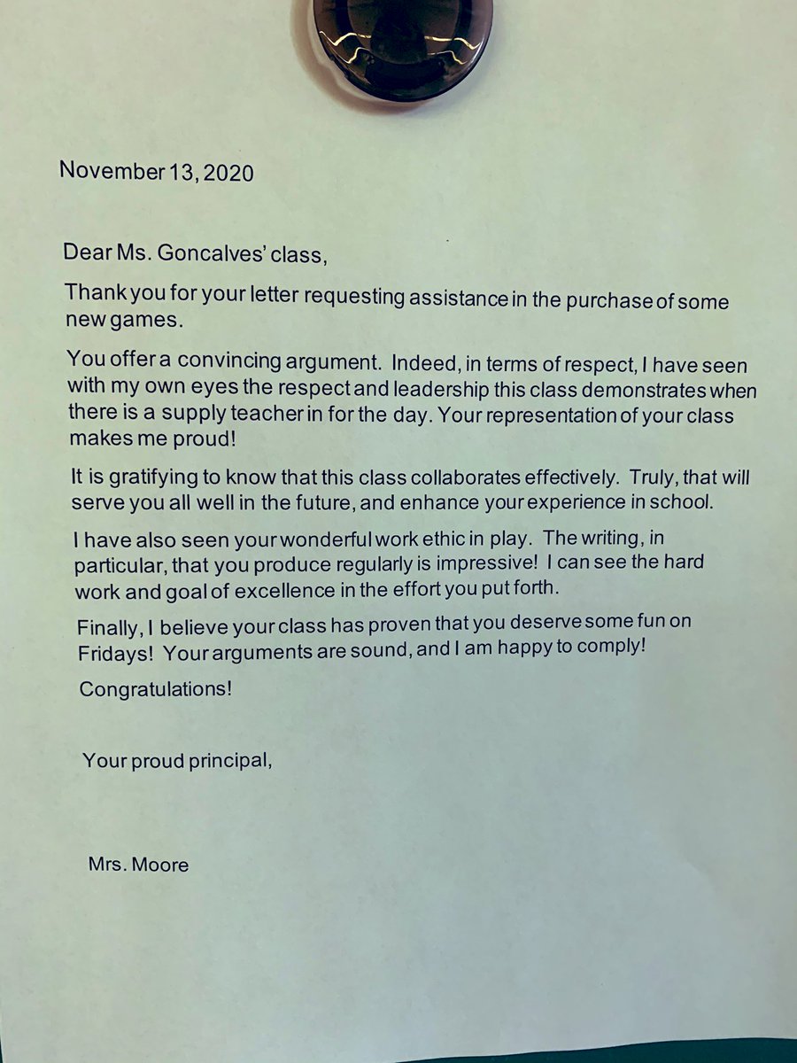 MrsGoncalves20's tweet photo. The power of persuasion #letterwriting #authenticpurpose #endingtheweekoffright #theydeserveit @JPRobartsRams https://t.co/dsZNfg9Ey3