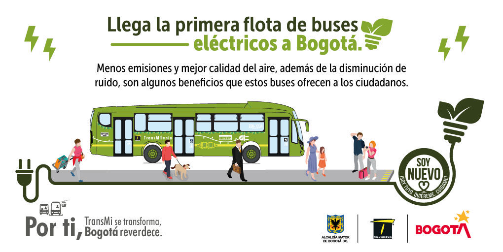 Ambientebogota's tweet photo. #BogotáReverdece con los 13 nuevos buses eléctricos que tiene la ciudad. 🚍🍃 Estos evitarán la emisión de cerca de 260 kg. de material particulado y de 1.300 toneladas de CO2 al año. 🌀 https://t.co/s94FUqyXZk