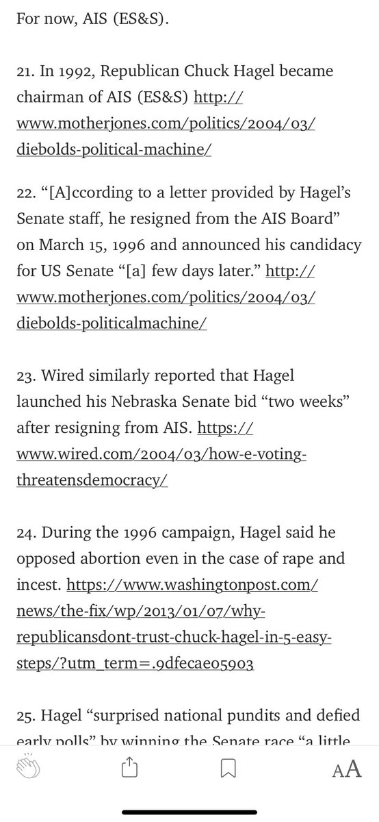 Republican Chuck Hagel was chairman of ES&S from 1992 until 1996 when he resigned to run for Senator of Nebraska and defied the polls to win by 15 points. 10/  https://link.medium.com/HPYwrYk9nbb&nbsp;