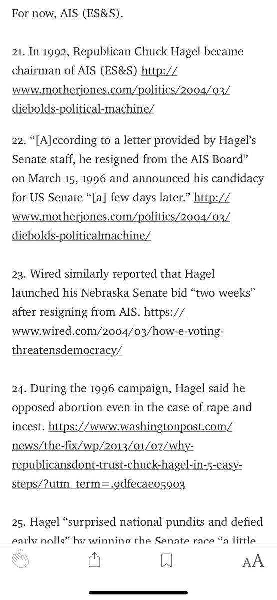 Republican Chuck Hagel was chairman of ES&S from 1992 until 1996 when he resigned to run for Senator of Nebraska and defied the polls to win by 15 points. 10/  https://link.medium.com/HPYwrYk9nbb 