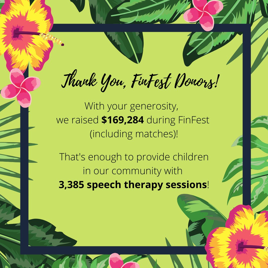 JaxSpeechHear's tweet photo. Thank you once again to all of the guests who attended last night’s virtual #FinFest2020! Thanks to your outstanding generosity, we were able to raise $169,284! This money is enough to provide children in need with 3,385 speech therapy sessions! #Grateful https://t.co/ma23ZldFWn