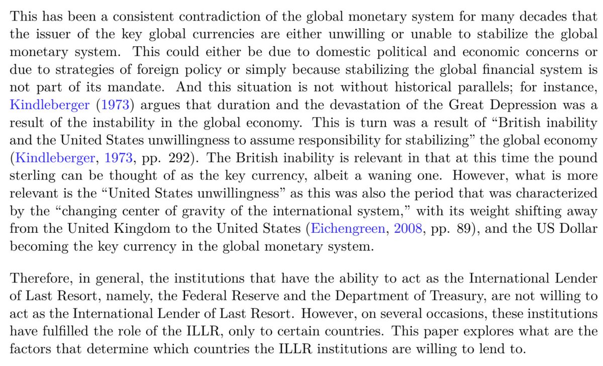 2. These institutions have the ability to stabilize any volume of dollar shortages, or do "whatever it takes" as a LLR. Lack of financial stability in the global monetary system due to a $ shortage can be traced to the lack of emergency USD support.