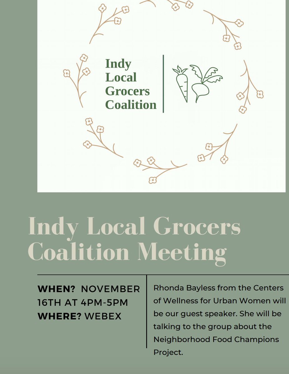 The Indy Local Grocers Coalition is welcoming all local grocers and growers to join the meeting on Nov. 16th at 4-5pm! The webex link is copied below and you can also find all the details on the indyfoodcouncil.org website. 

indy.webex.com/indy/j.php?MTI…