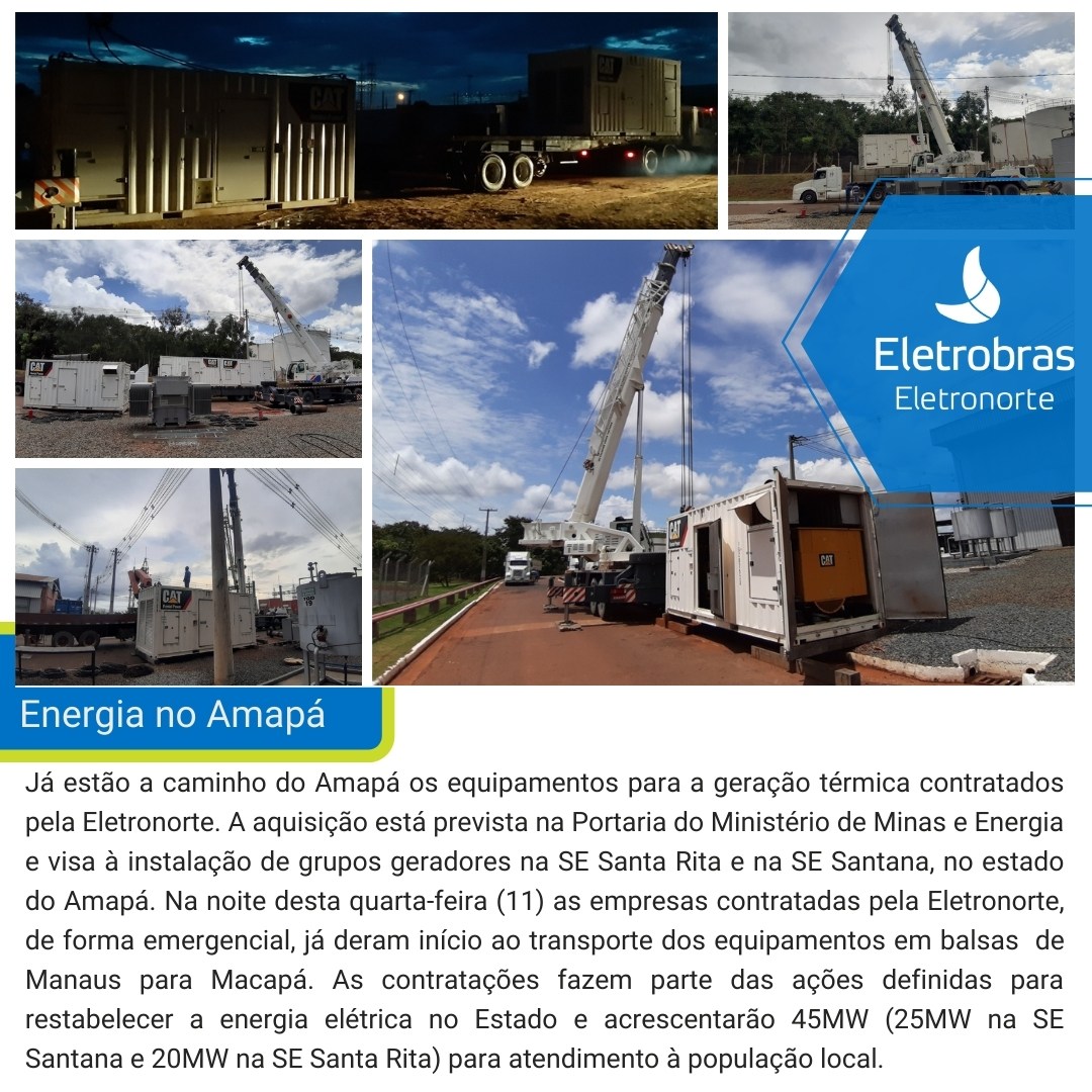 Eletronorte_'s tweet photo. Estão a caminho do Amapá os equipamentos para a geração térmica contratados pela Eletronorte. Serão mais  45MW (25MW na SE Santana e 20MW na SE Santa Rita) Também há equipes nas subestações Boa Vista, em Roraima, e Vila do Conde, no Pará, além da UTE Santana. #Eletronorte #Amapá https://t.co/0oFShEbnoB