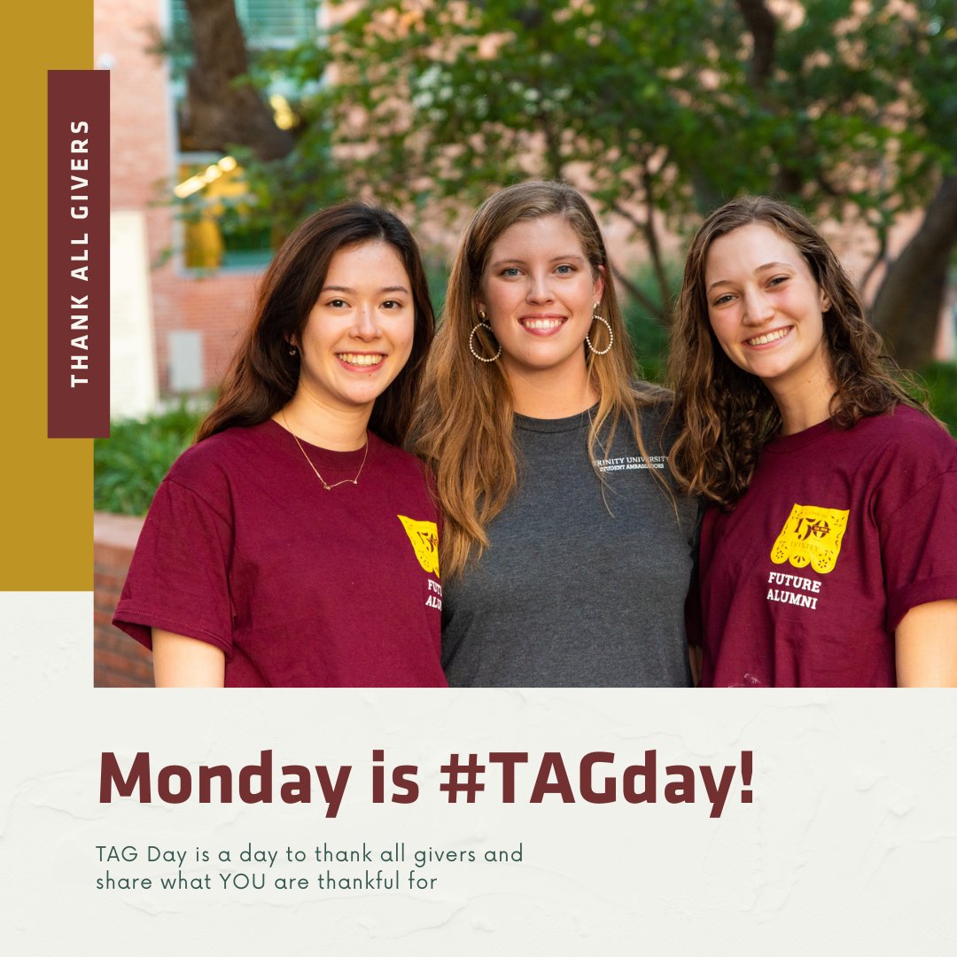 All gifts make a difference. 59% of all alumni gifts are under $100 with an average gift of $41.66. Last year, Trinity raised more than $4.3M in annual gifts. Take time to thank all givers for their donations. Join us on Monday, November 16 for #TAGday to #thankALLgivers