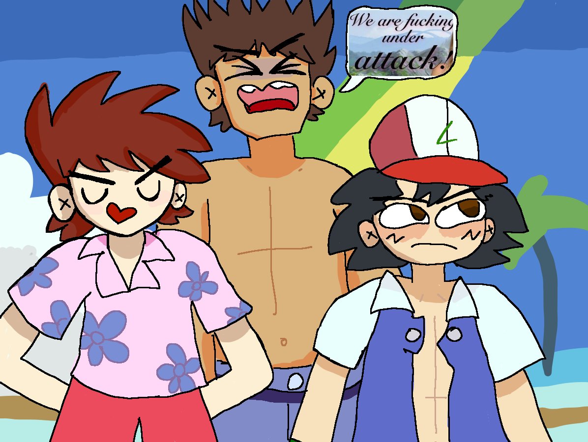 jarchiereggie's tweet photo. Screencap redraw from in Beauty and the Beach team rocket launches a heat seaking missile but ash and gary are too caught up in their rival back and forth so brock ends up being the only person who's actually freaking out #pokeani #anipoke #garyoak https://t.co/MWJMRBWl1t