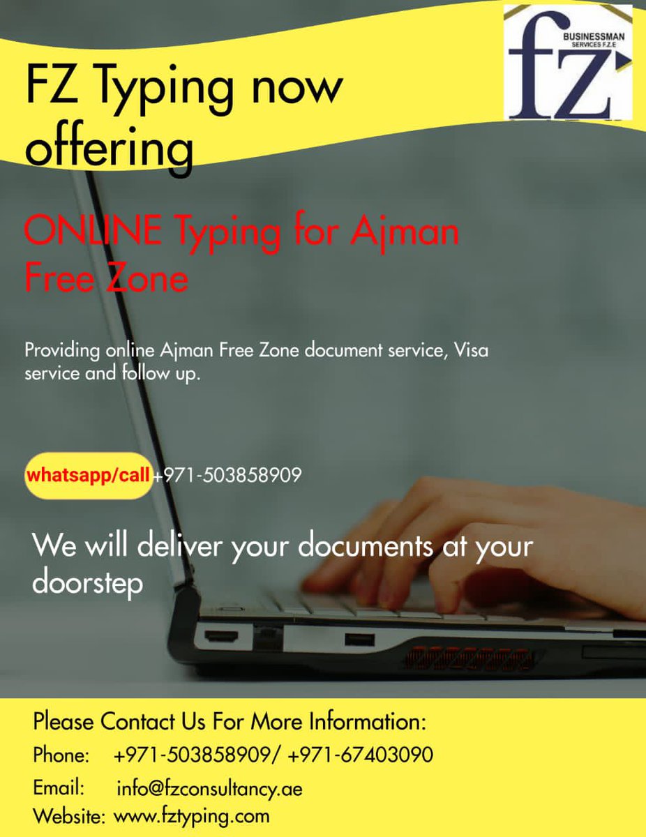 FZ Typing now offering online typing for Ajman Free Zone visa and company documents. Send your documents by WhatsApp and we will process.
wa.link/9ir8gk #AJMANFREEZONE#AJMANTYPING#Visa#business#Ajman#newcompany#license#visarenewal#companyrenewal#offshorecompany#investor