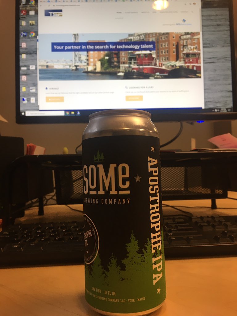 chadtspinc's tweet photo. A rare 2020 #TSPBeerFriday with @somebrewing 's Apostrophe IPA.  It's been great week of various Help Desk, Analyst, Developer, Architect and VP conversations and presents. https://t.co/w0aiZCvpUh