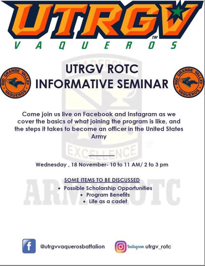 RotcUtrgv's tweet photo. Please join us for a live seminar and get to know what Army ROTC at @utrgv is about, and how it can help pay for your undergraduate or graduate education! #WEWIN #armyrotc #utrgv #Scholarships #futureleaders #weproduceleaders #rotc #scholars #athletes  #leaders https://t.co/eLbVyCqxEk